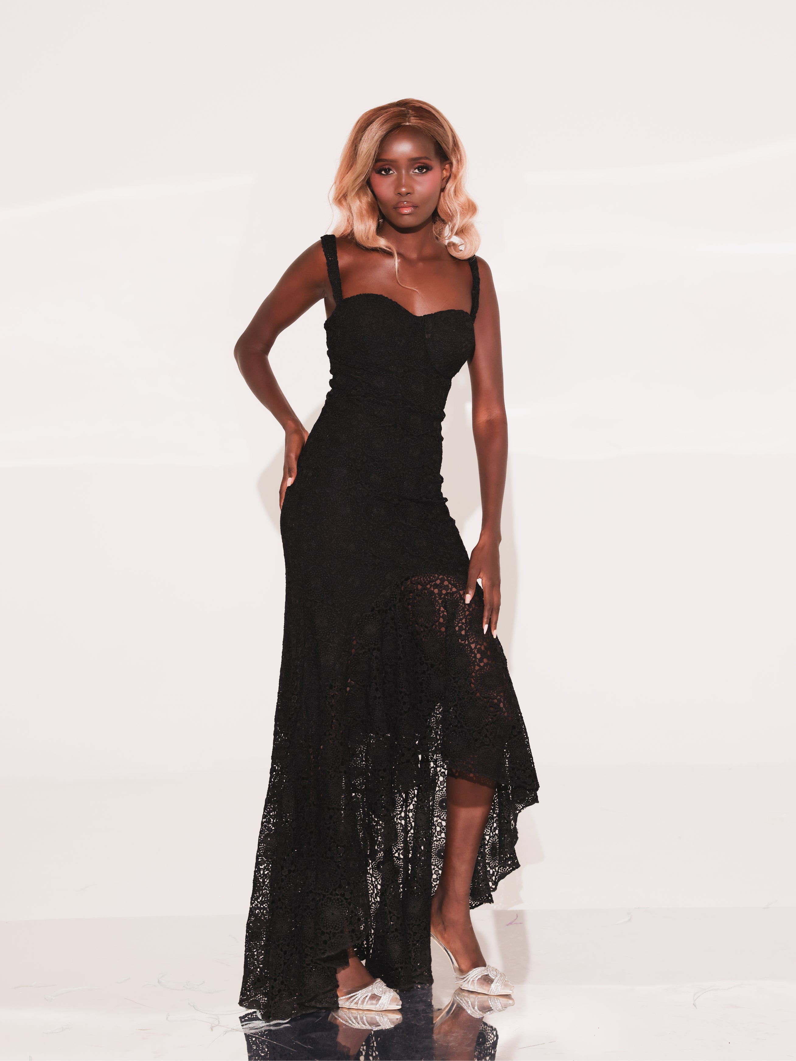 Noir Fleur / White Floral Lace High Low Maxi Dress