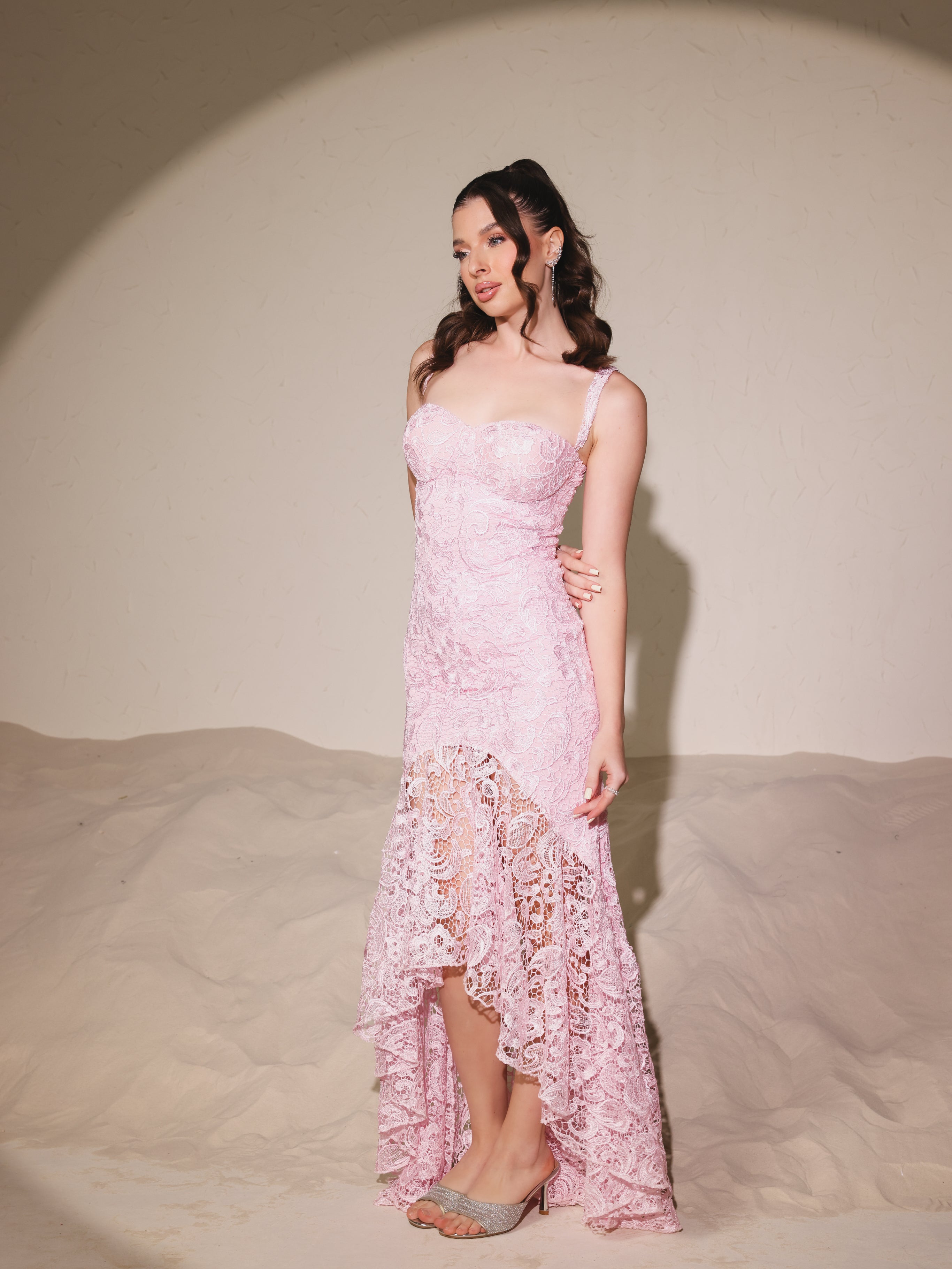 Noir Fleur / White Floral Lace High Low Maxi Dress