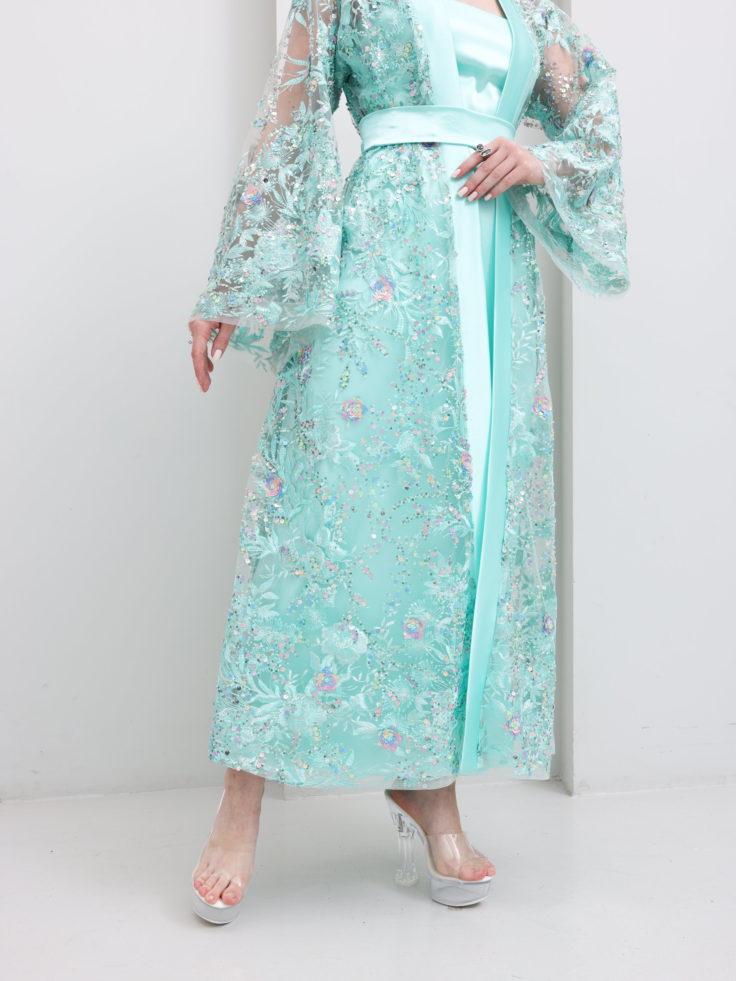 Celeste Aqua Embellished Open Abaya & Dress Set