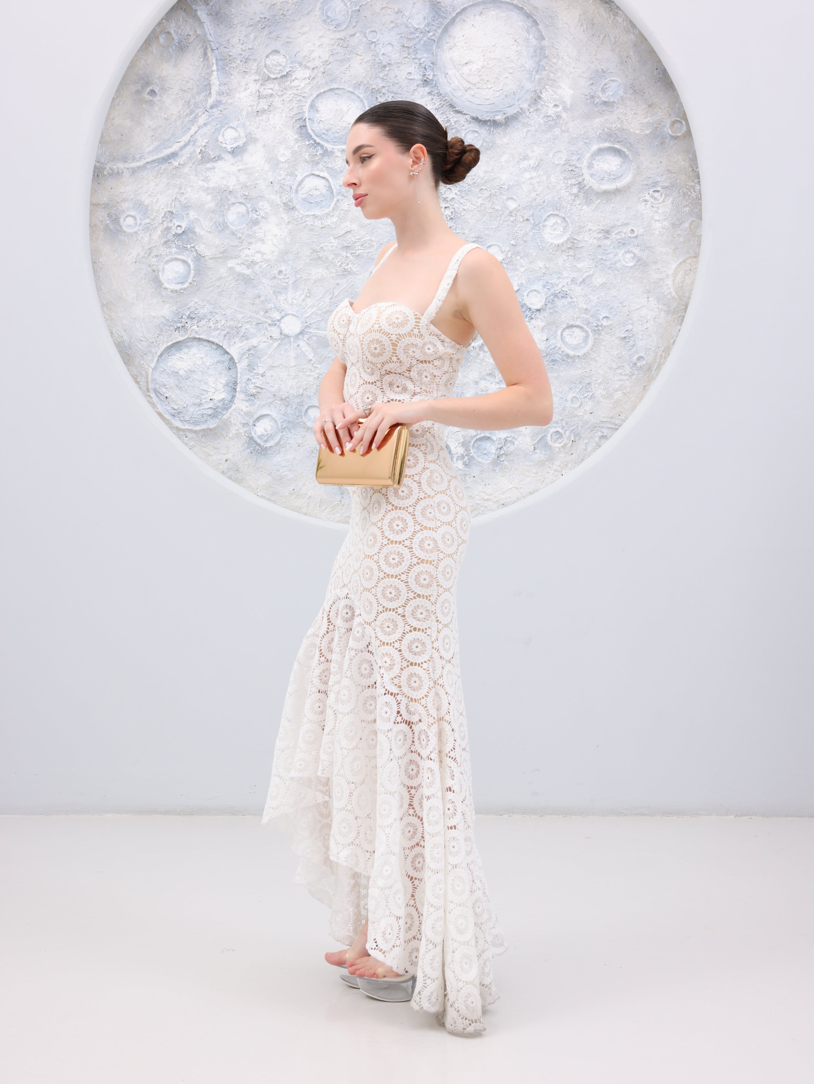Noir Fleur / White Floral Lace High Low Maxi Dress