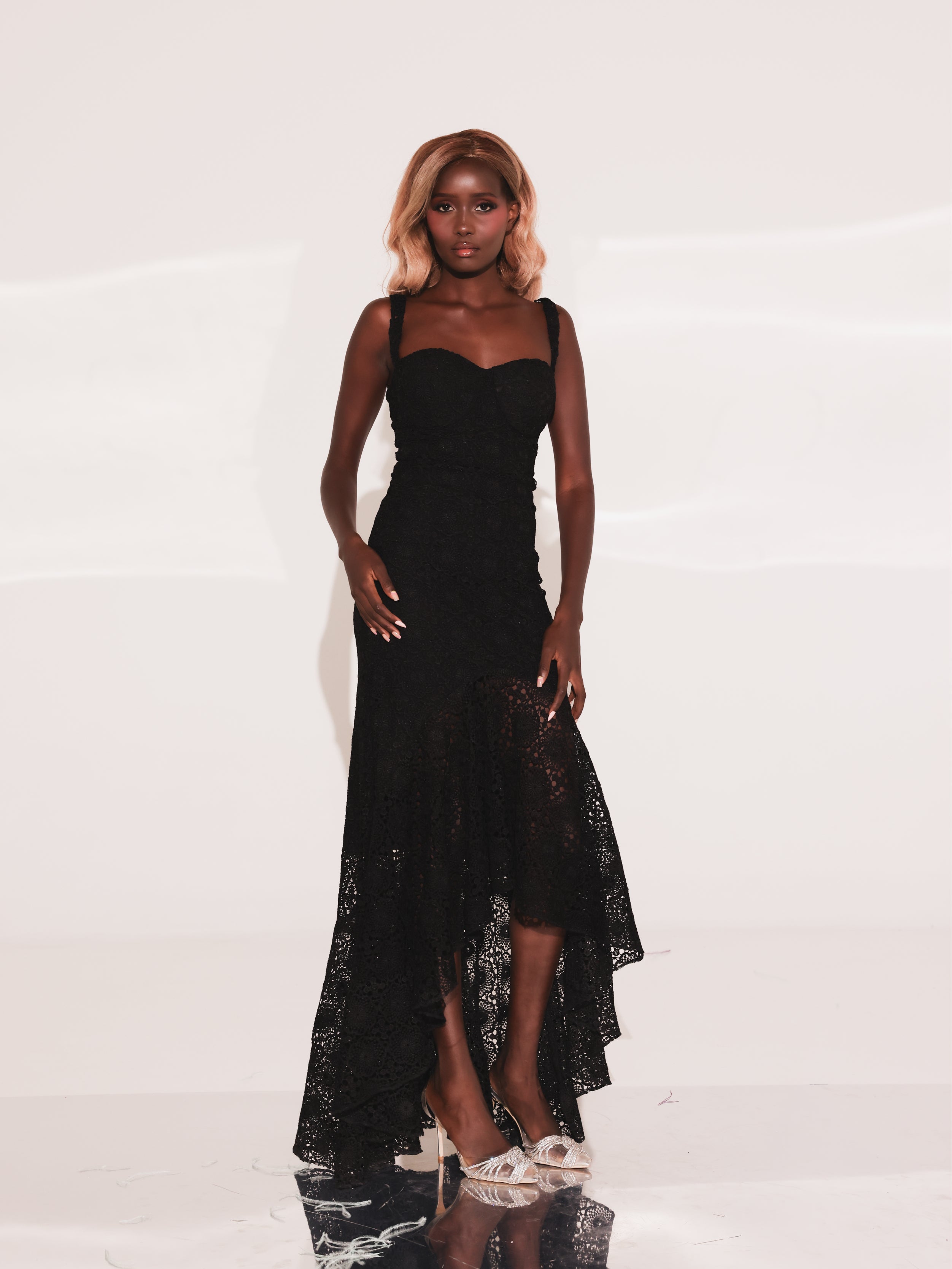 Noir Fleur / White Floral Lace High Low Maxi Dress