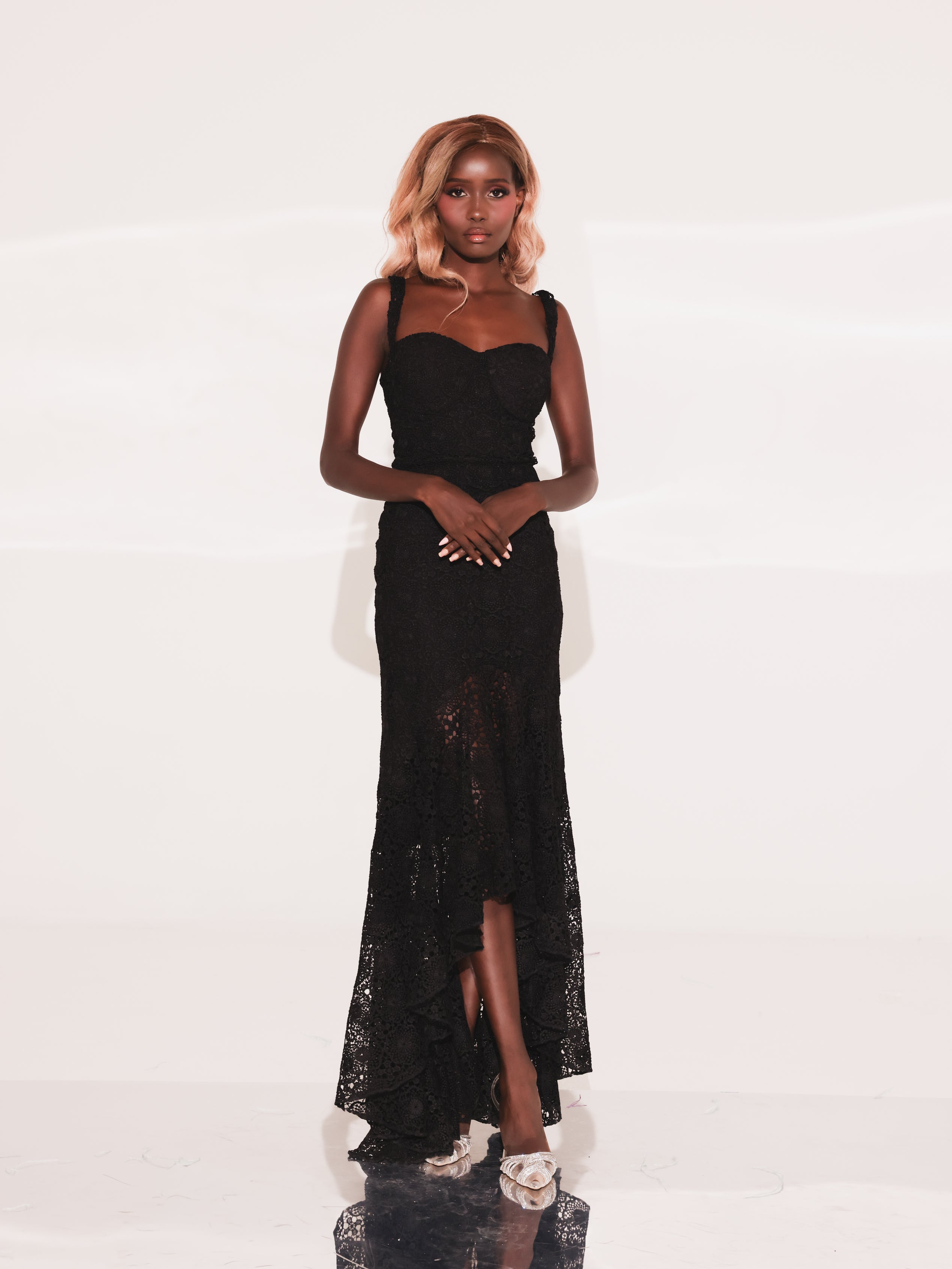 Noir Fleur / White Floral Lace High Low Maxi Dress
