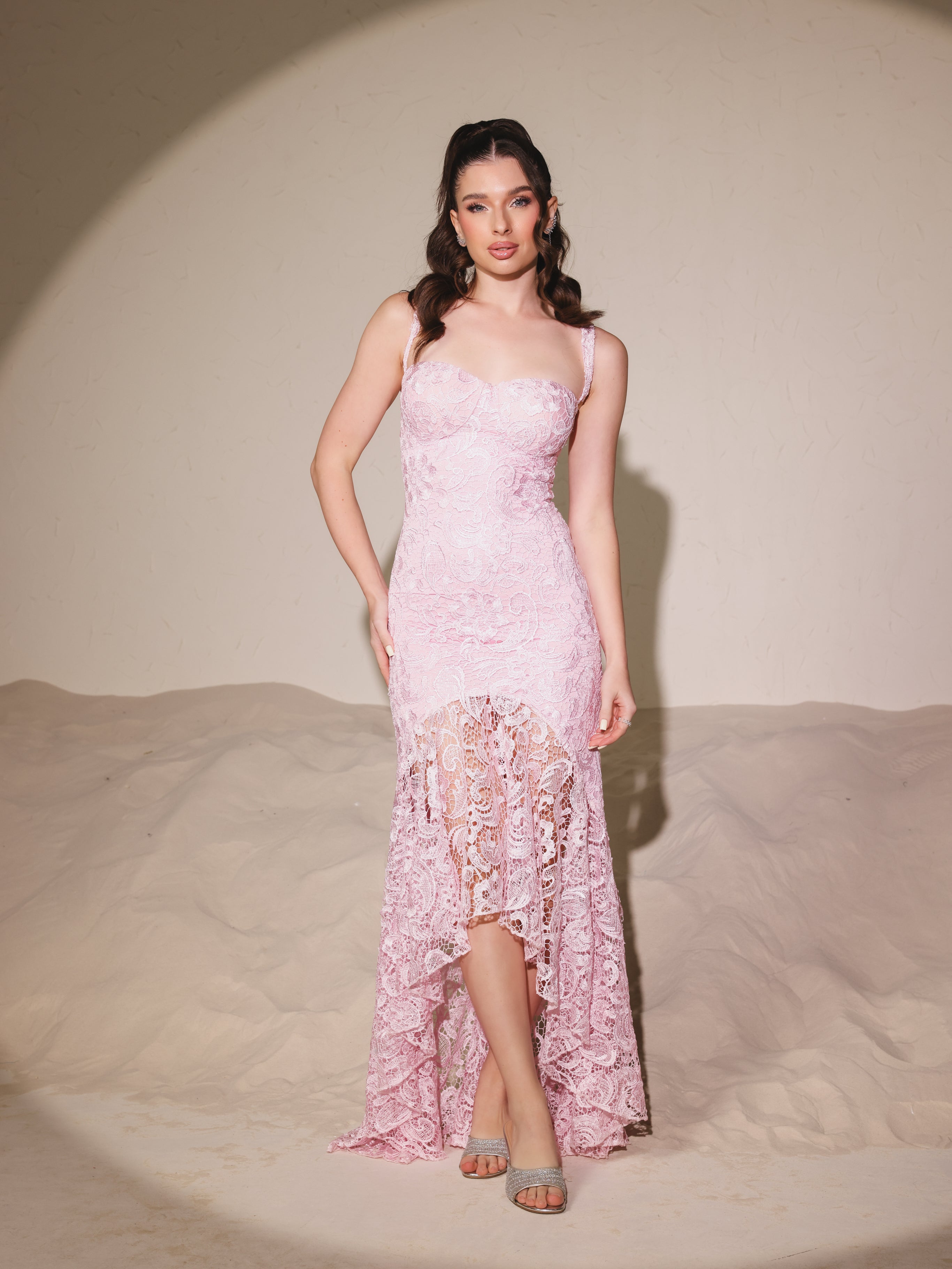 Noir Fleur / White Floral Lace High Low Maxi Dress