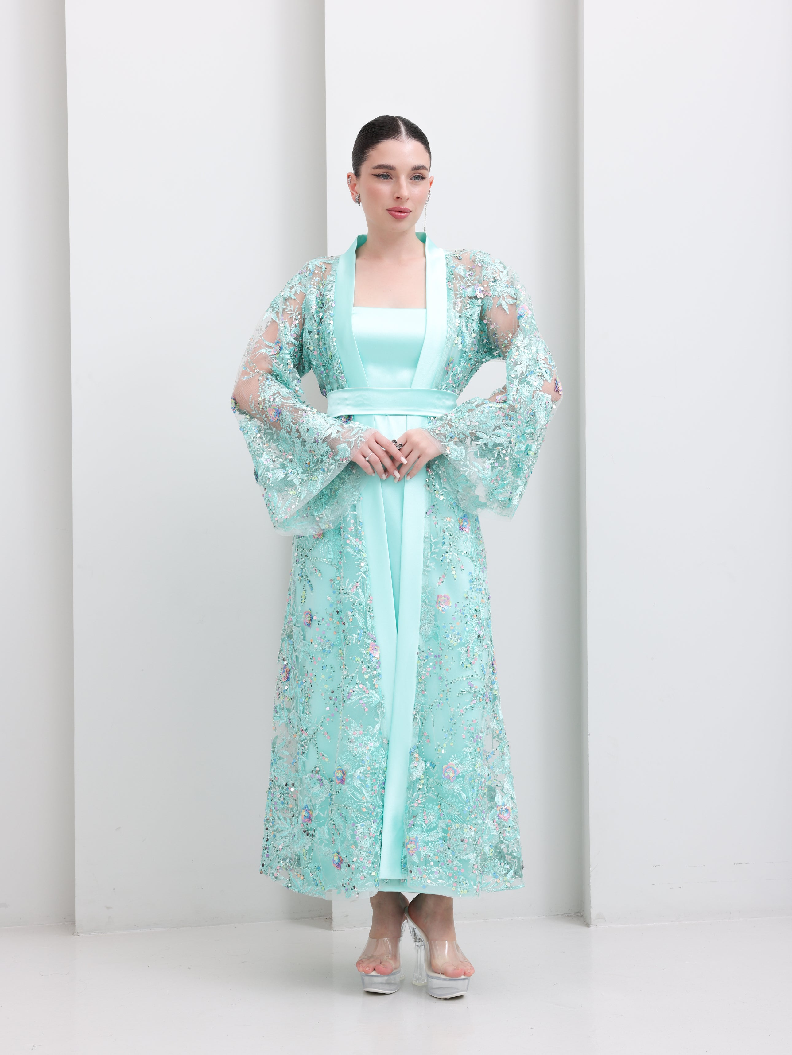 Celeste Aqua Embellished Open Abaya & Dress Set