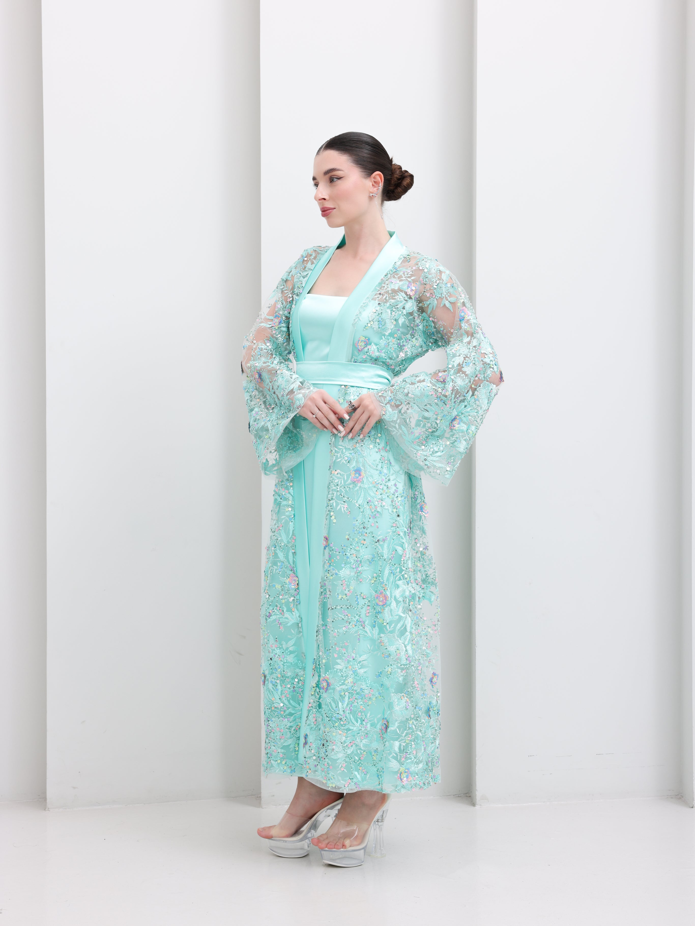 Celeste Aqua Embellished Open Abaya & Dress Set