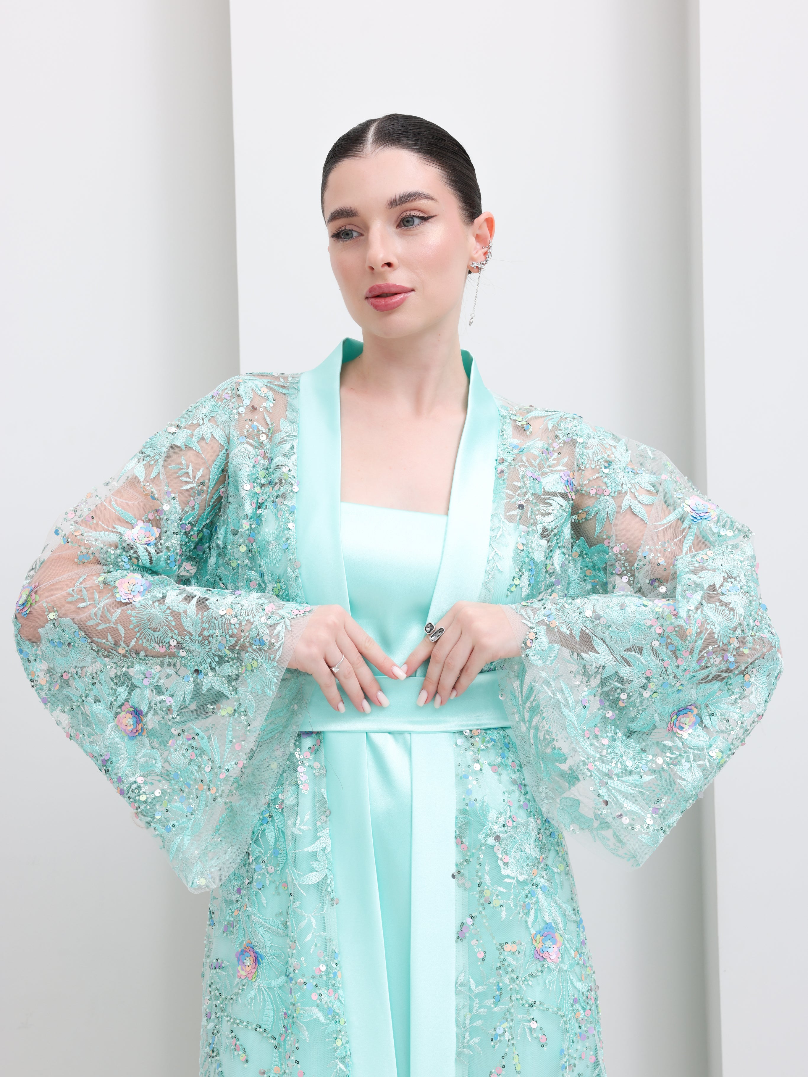 Celeste Aqua Embellished Open Abaya & Dress Set