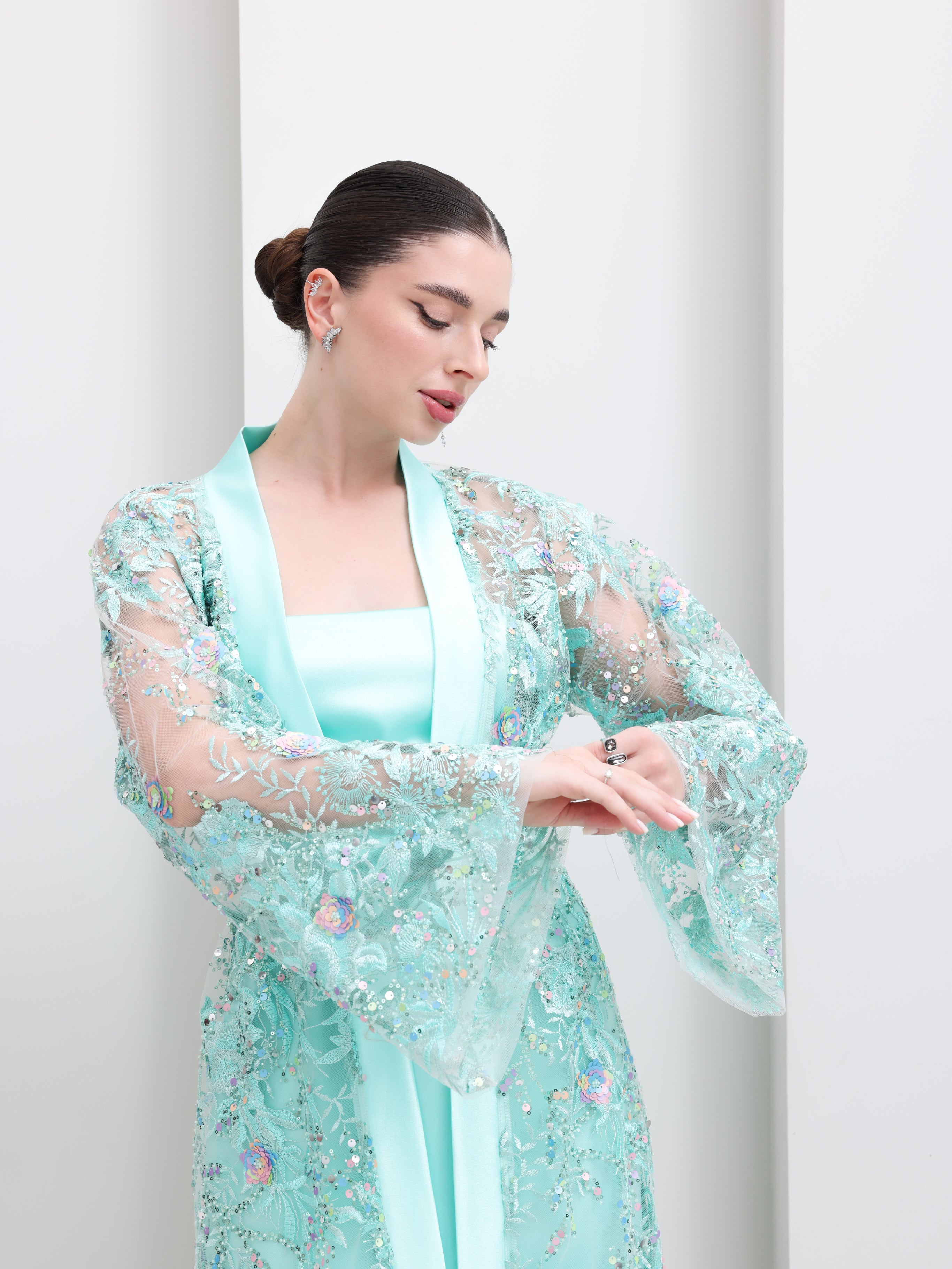 Celeste Aqua Embellished Open Abaya & Dress Set