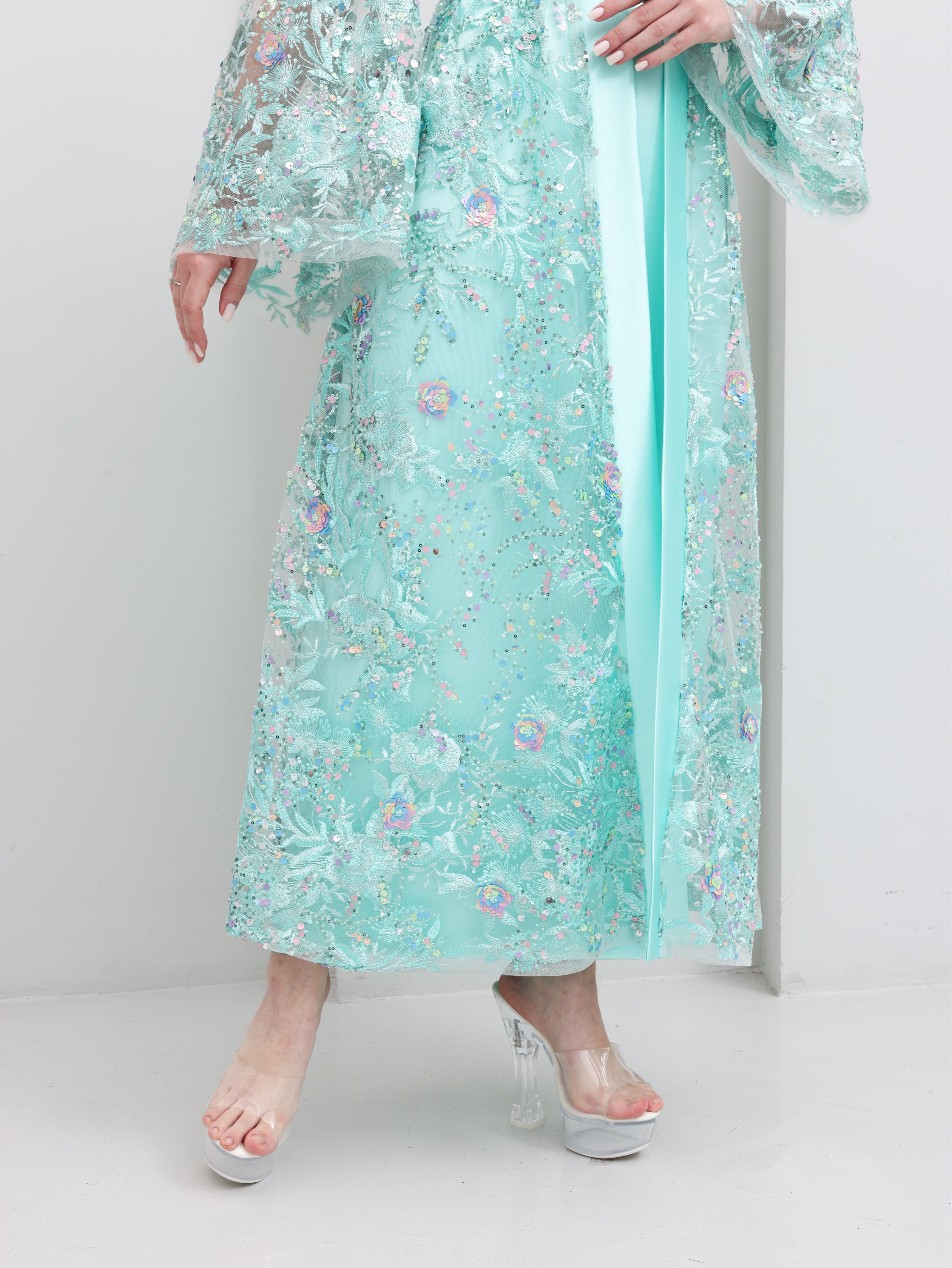 Celeste Aqua Embellished Open Abaya & Dress Set