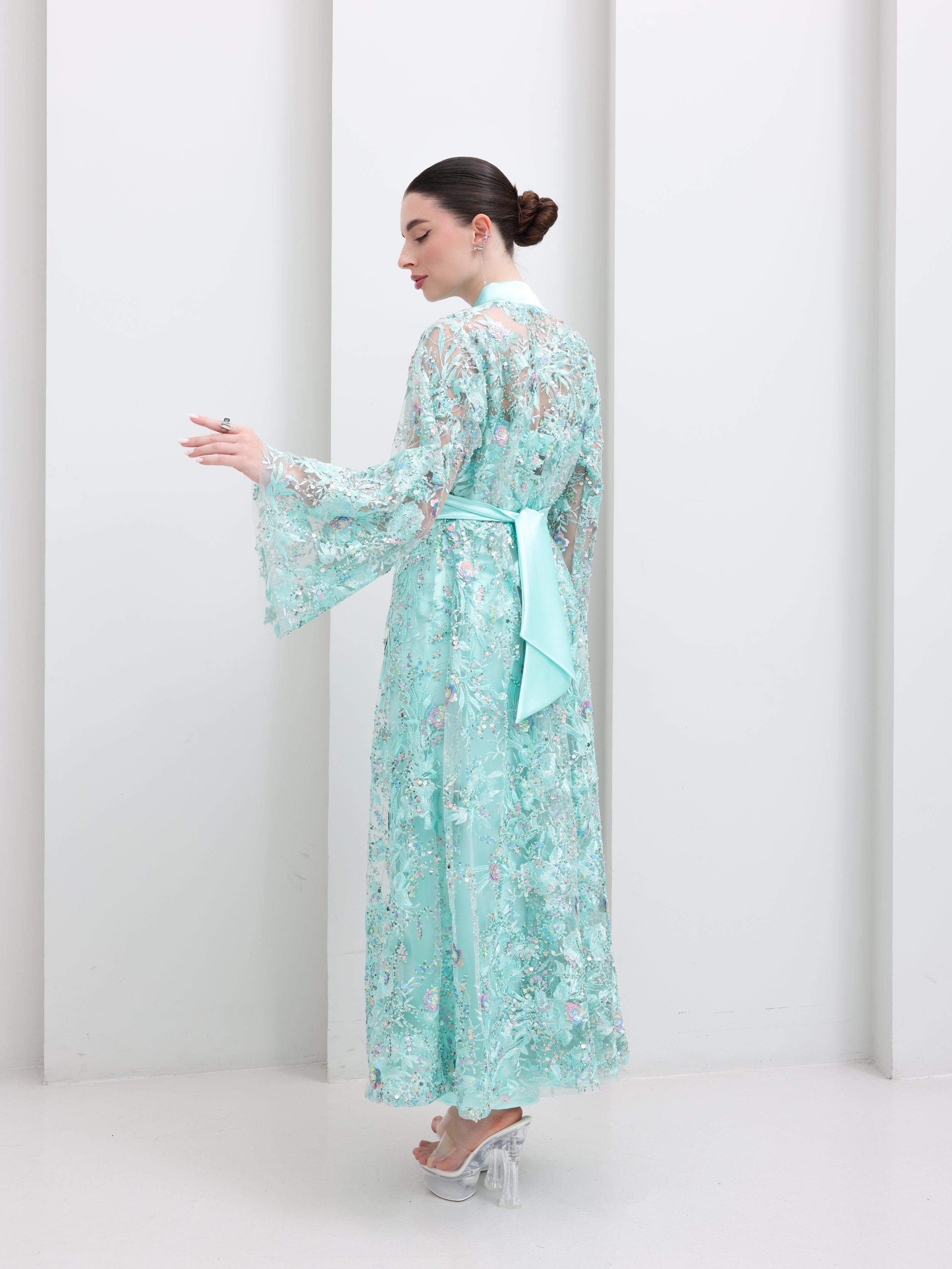 Celeste Aqua Embellished Open Abaya & Dress Set