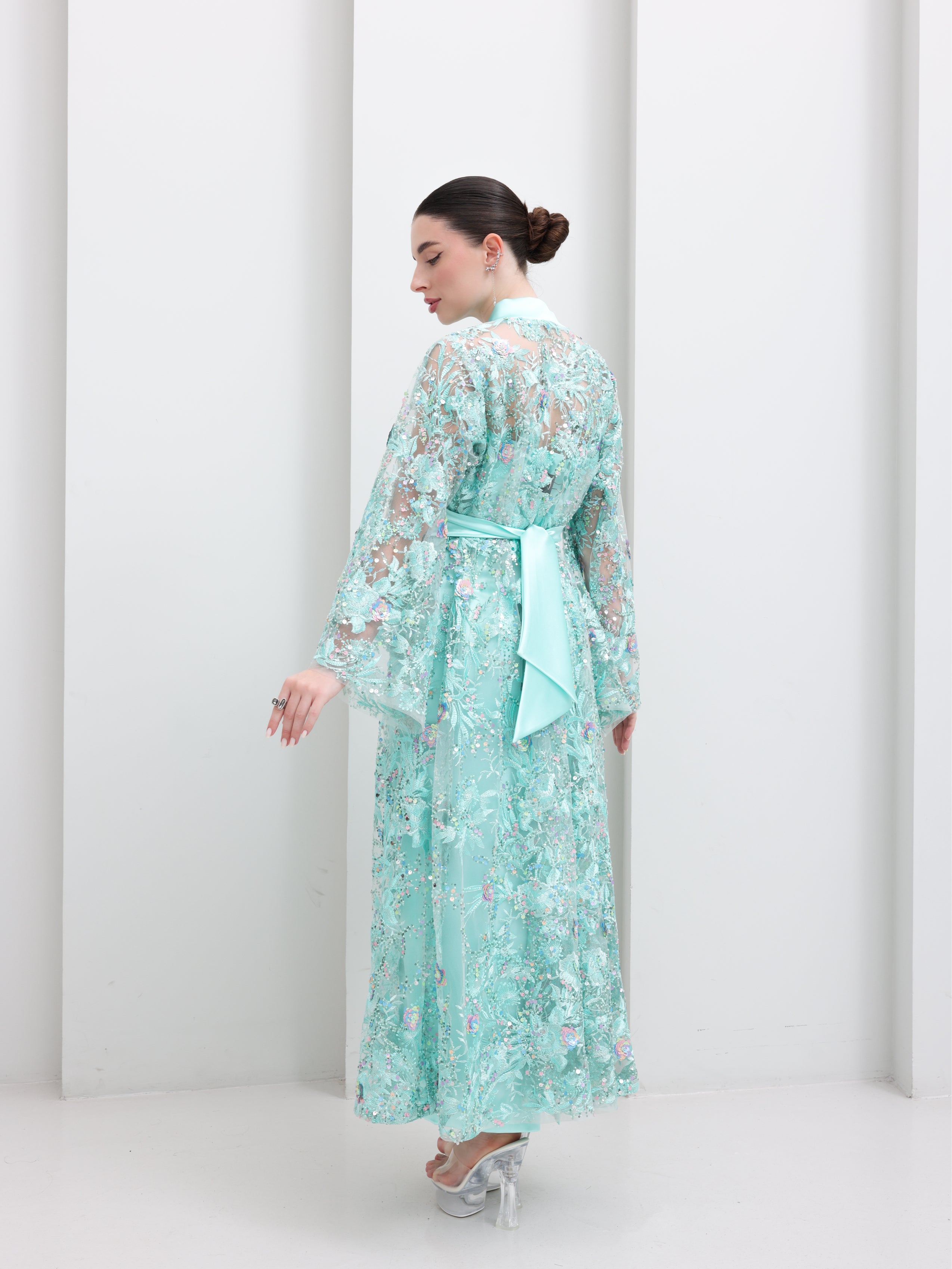 Celeste Aqua Embellished Open Abaya & Dress Set