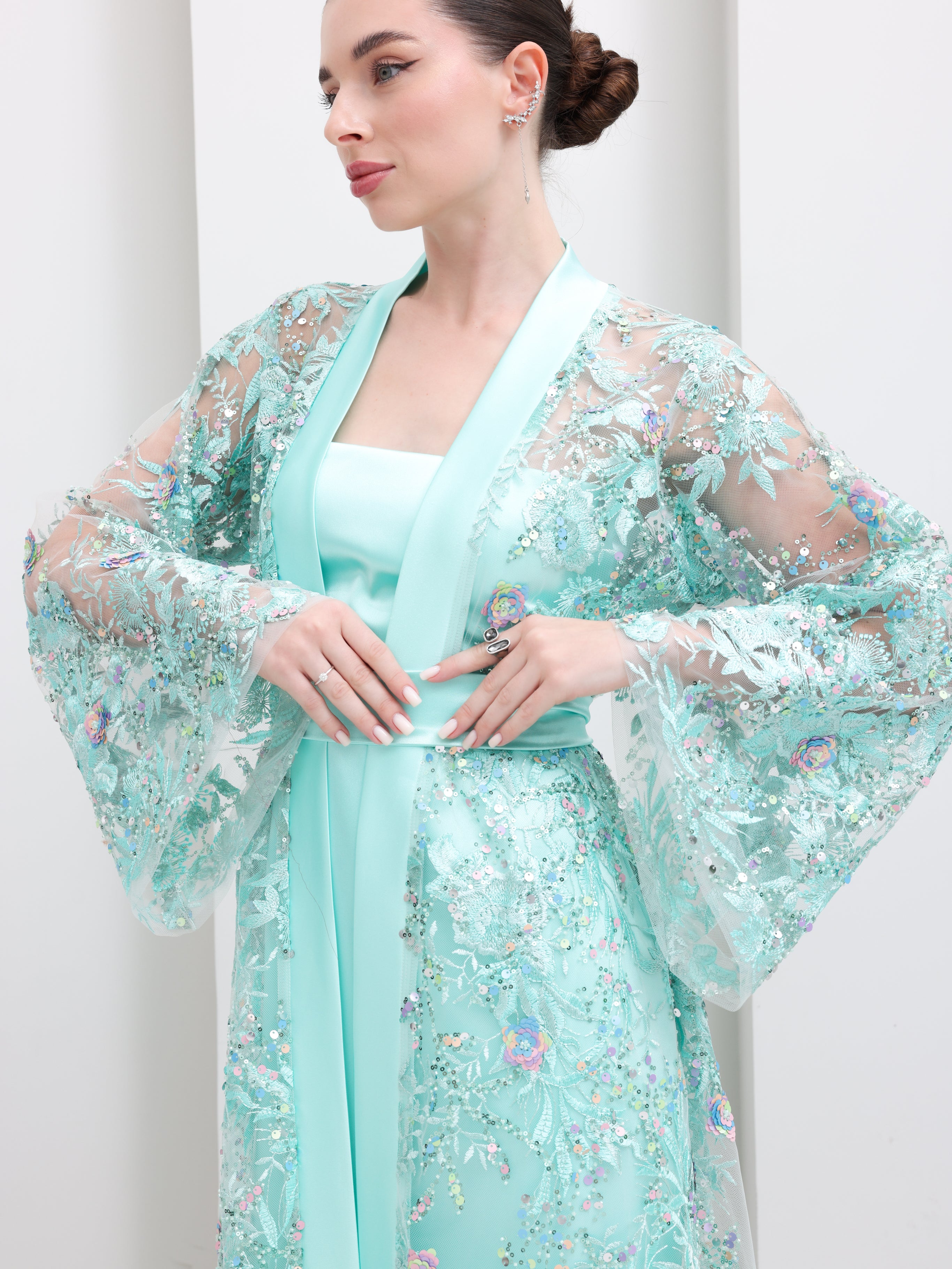 Celeste Aqua Embellished Open Abaya & Dress Set