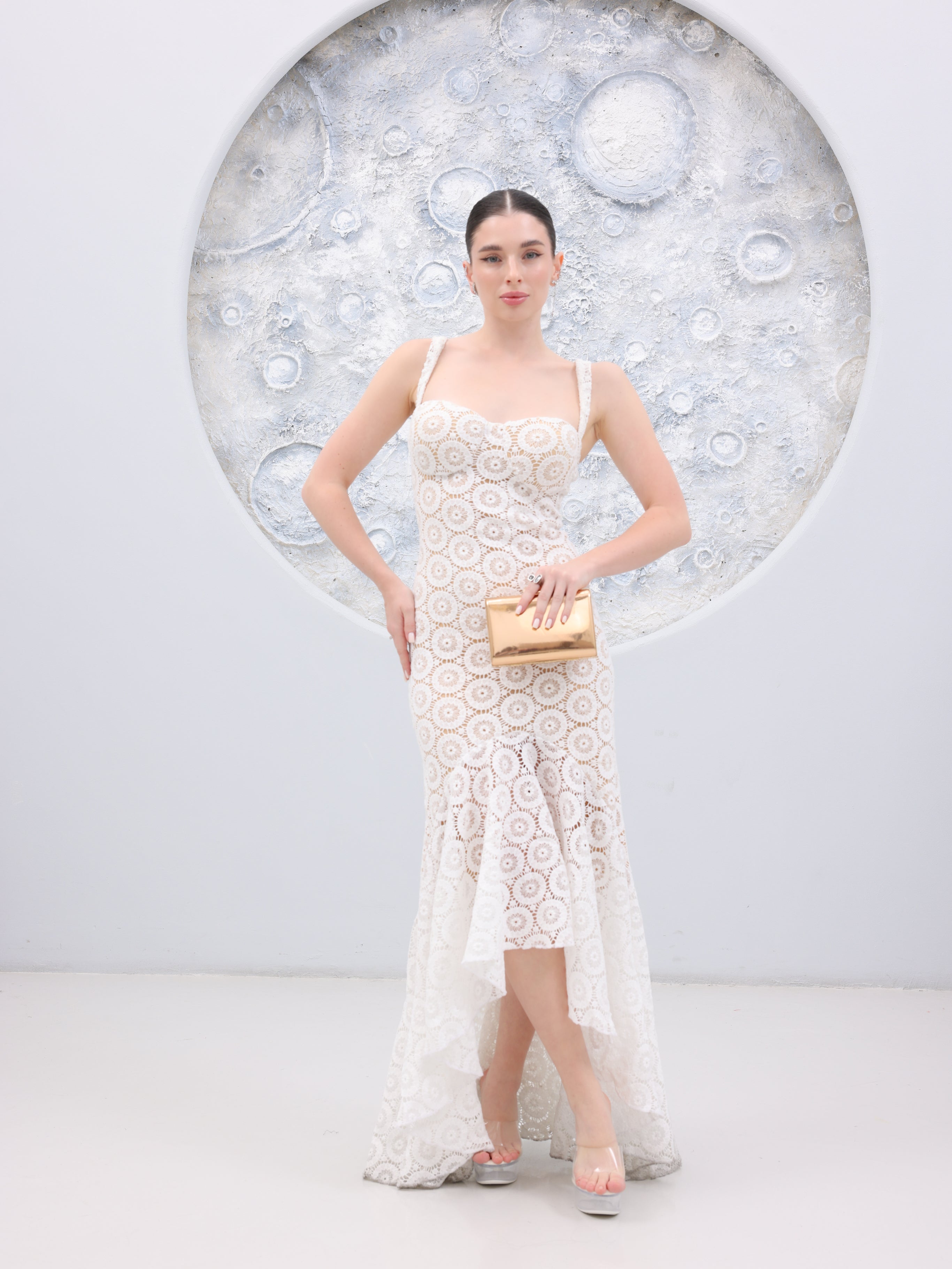 Noir Fleur / White Floral Lace High Low Maxi Dress