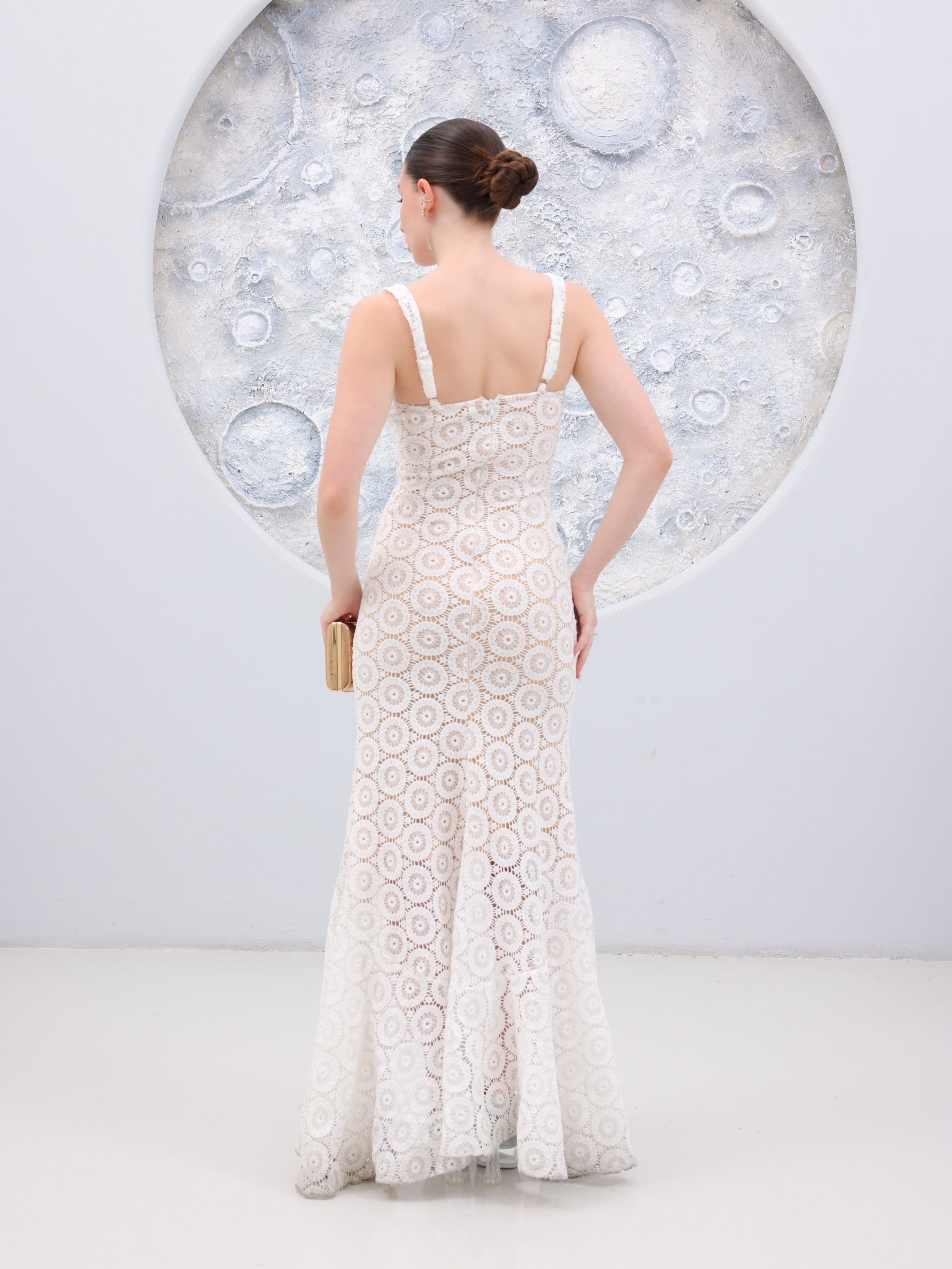 Noir Fleur / White Floral Lace High Low Maxi Dress