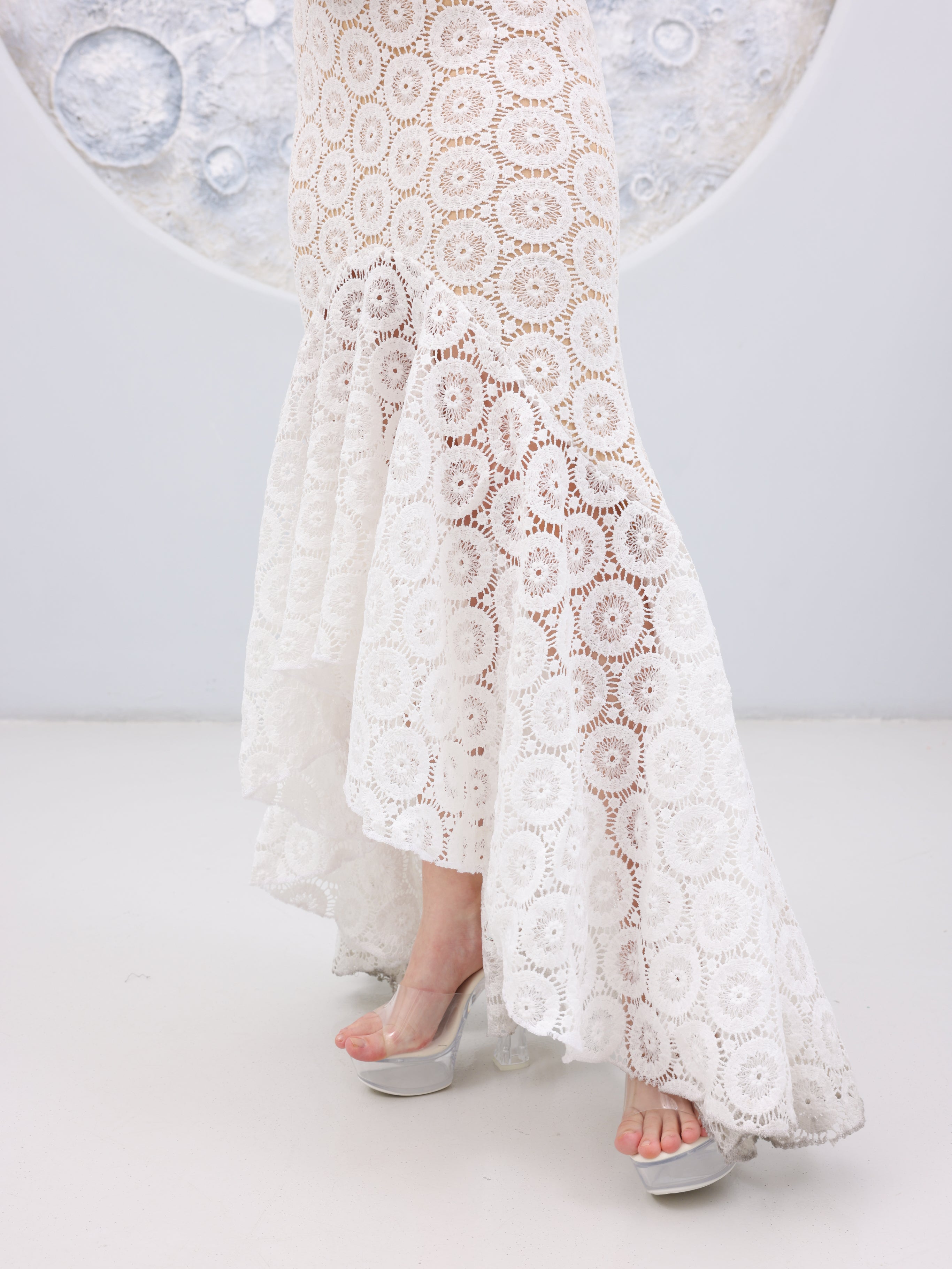 Noir Fleur / White Floral Lace High Low Maxi Dress