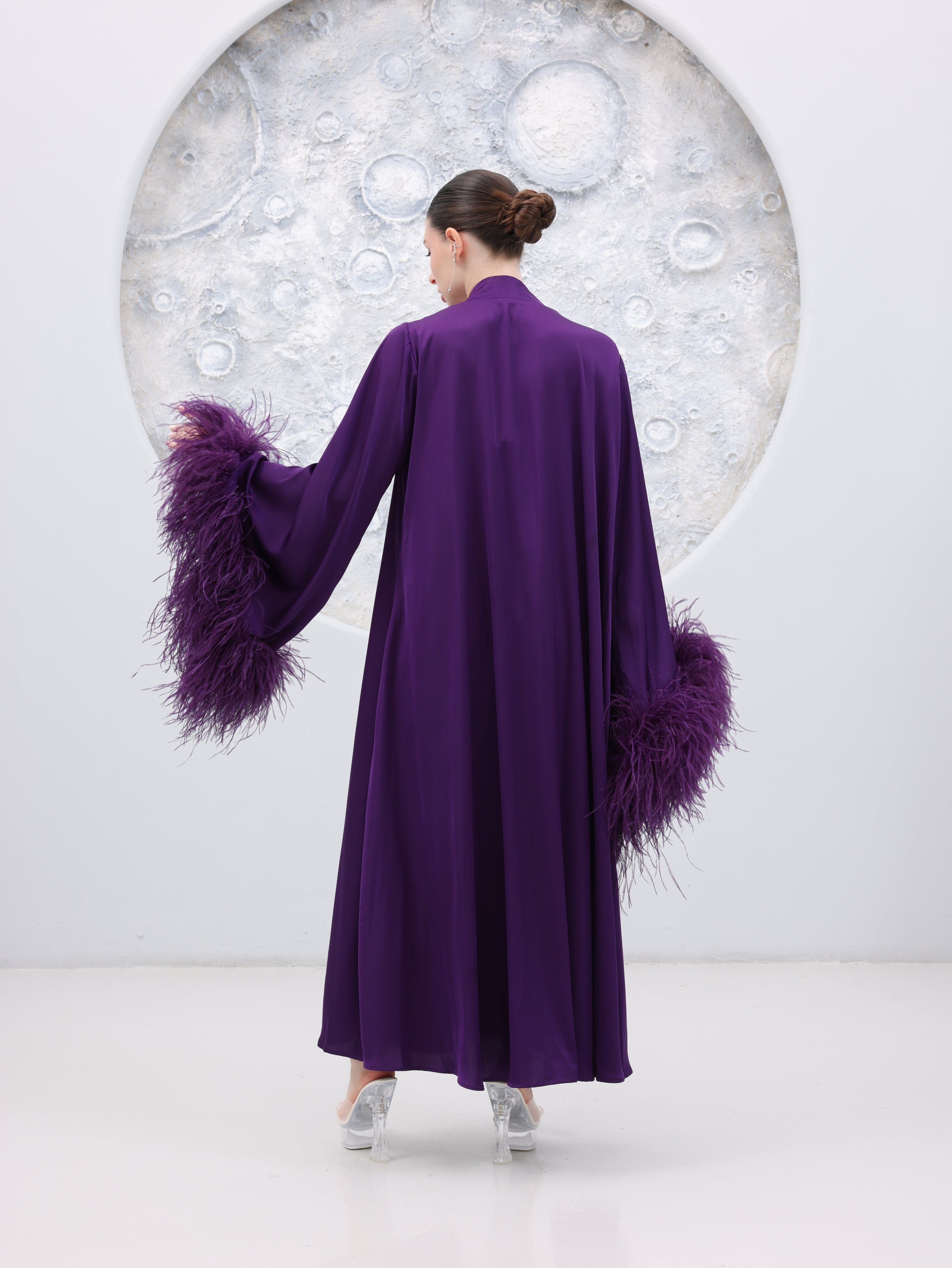 Amethyst Luxe Feather Cuff Evening Dress & Duster Set