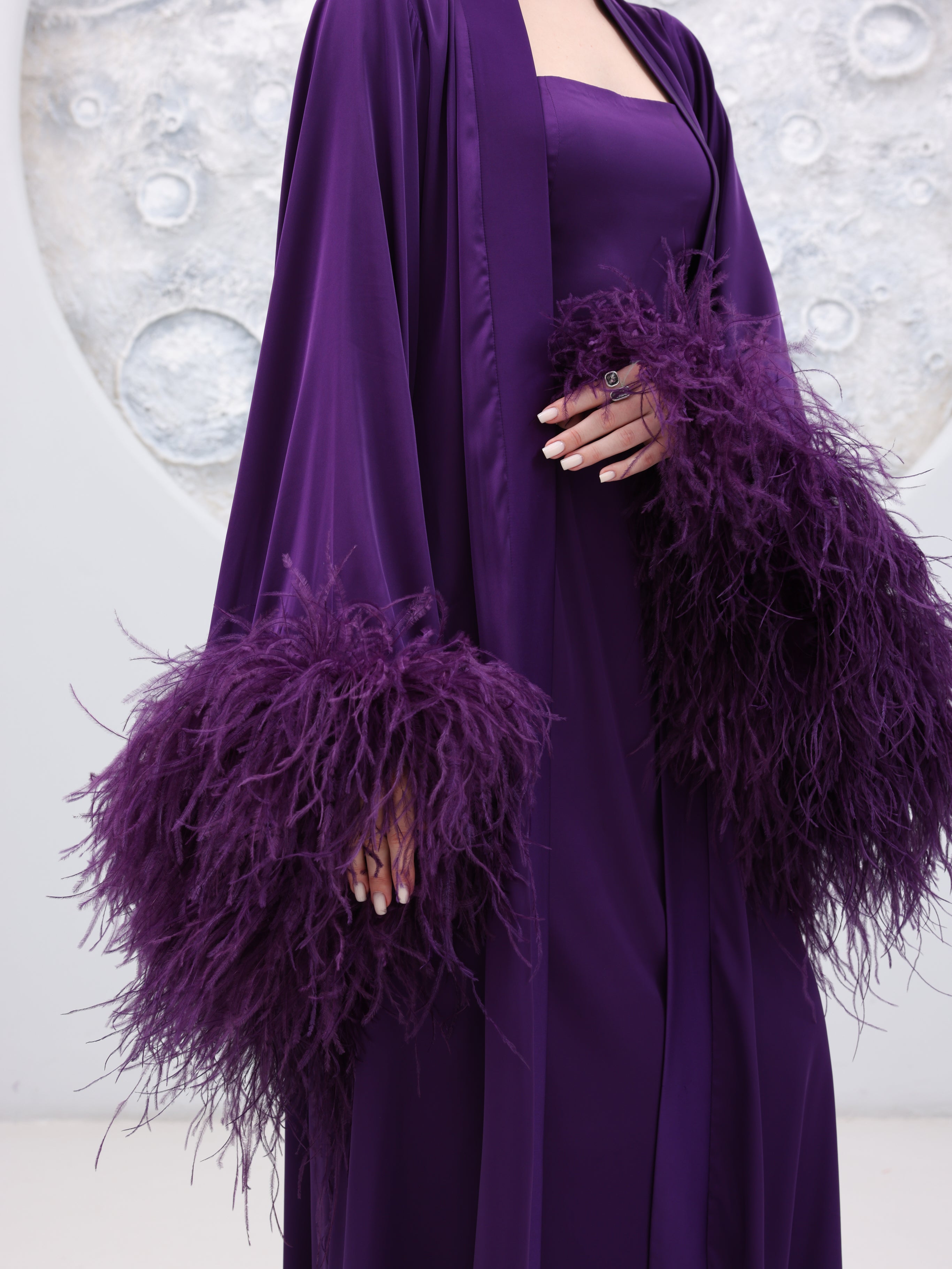 Amethyst Luxe Feather Cuff Evening Dress & Duster Set