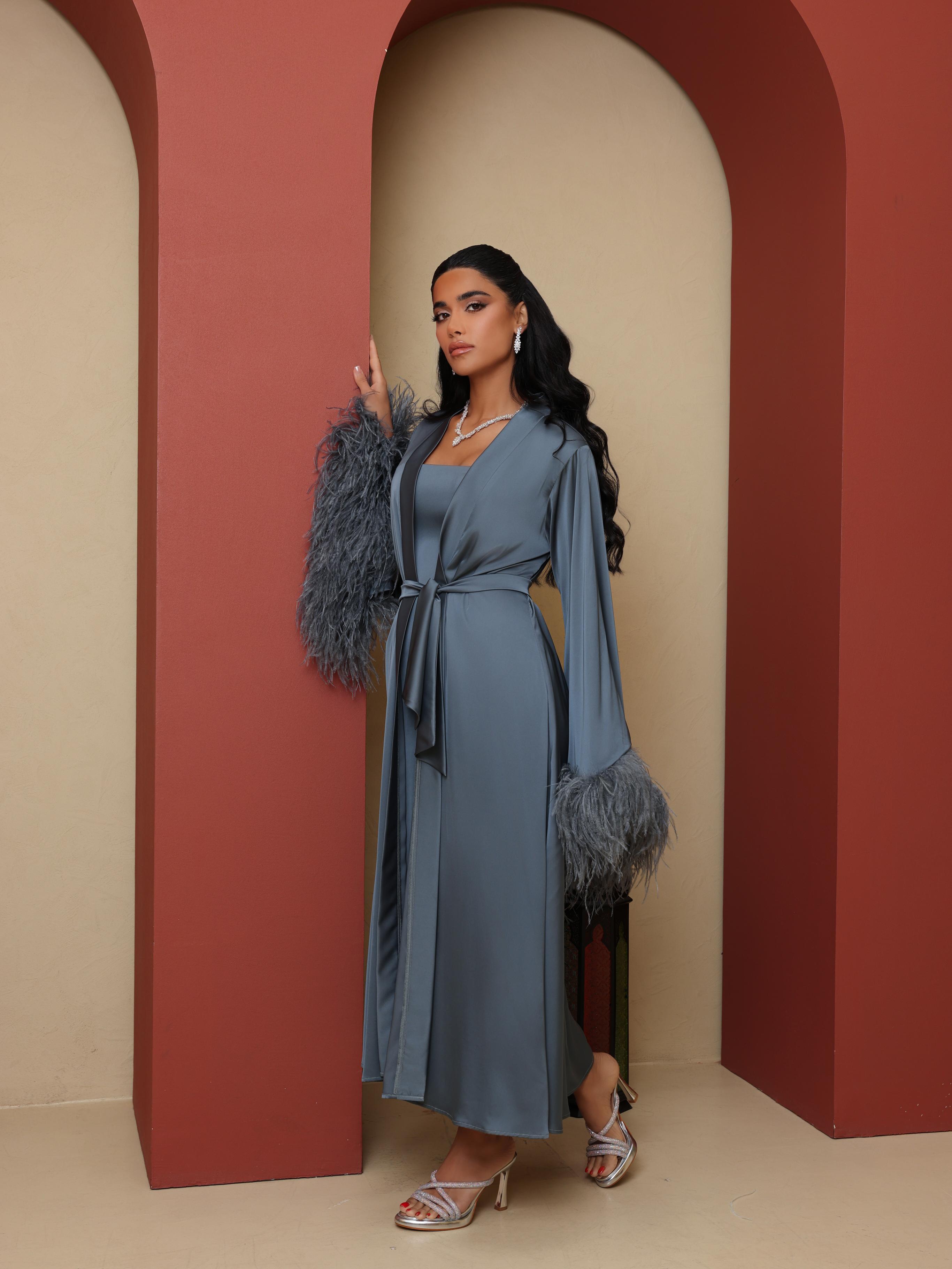 Amethyst Luxe Feather Cuff Evening Dress & Duster Set