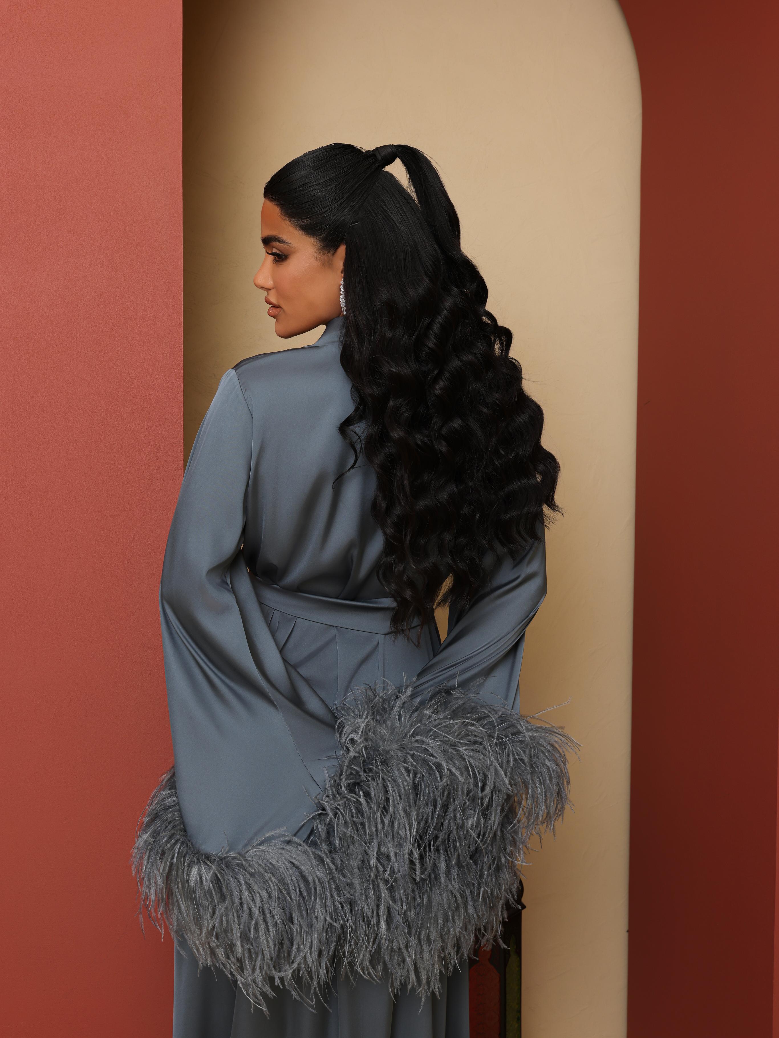 Amethyst Luxe Feather Cuff Evening Dress & Duster Set